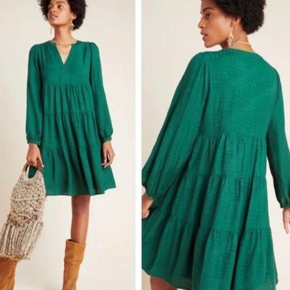 ANTHROPOLOGIE MAEVE Green Long Sleeve Tiered Dress Sz M
